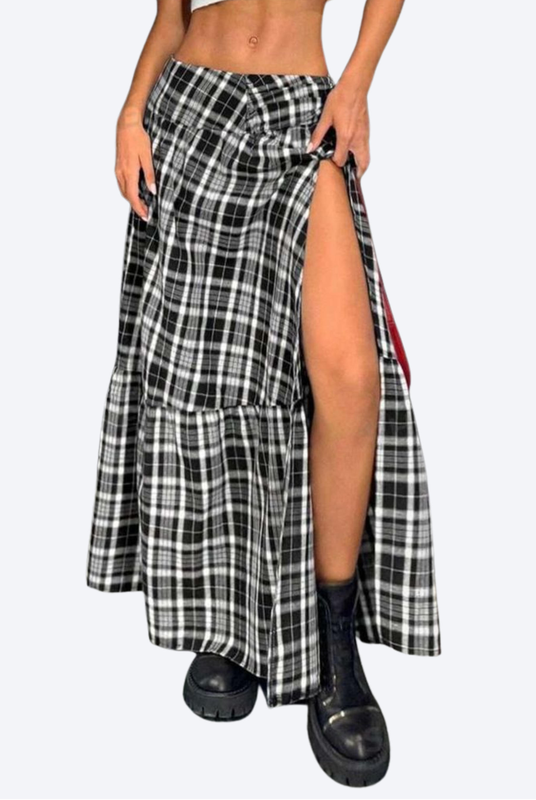 Plaid Print High Slit Ruffle Hem Skirt