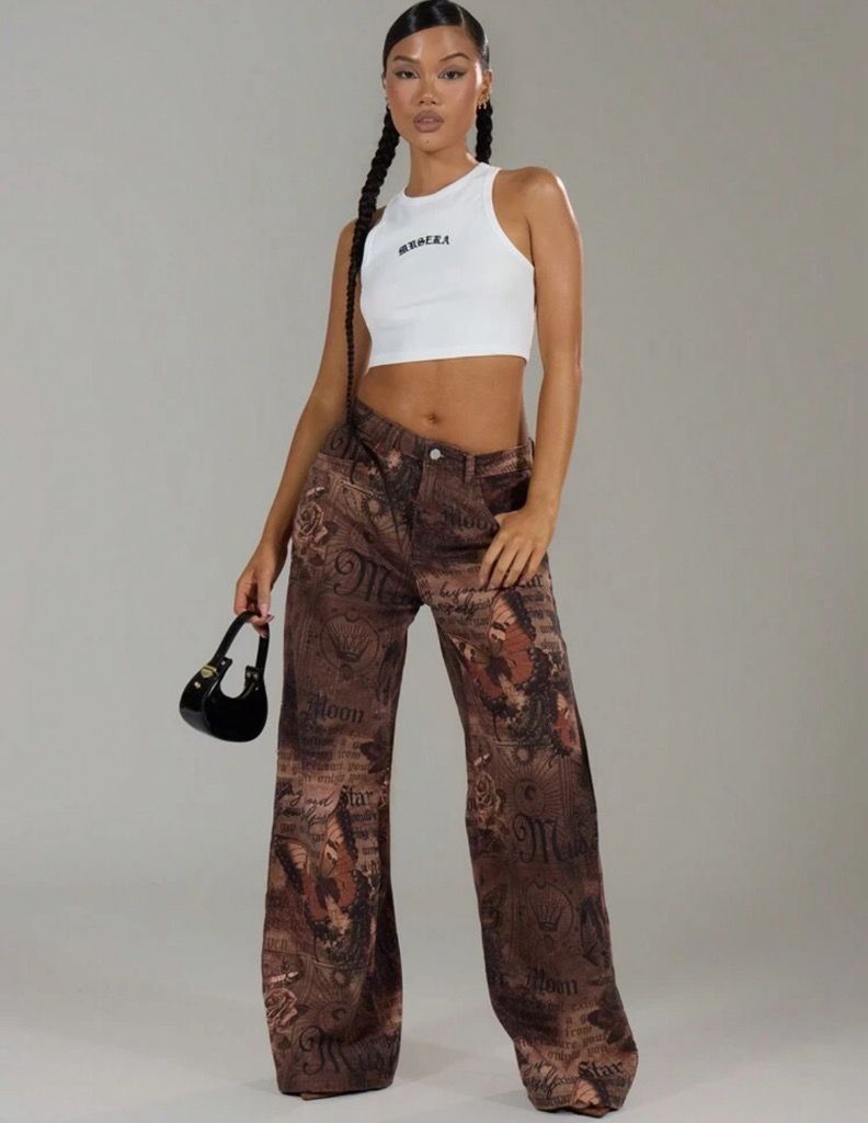 Abstract Print Wide Leg Jeans