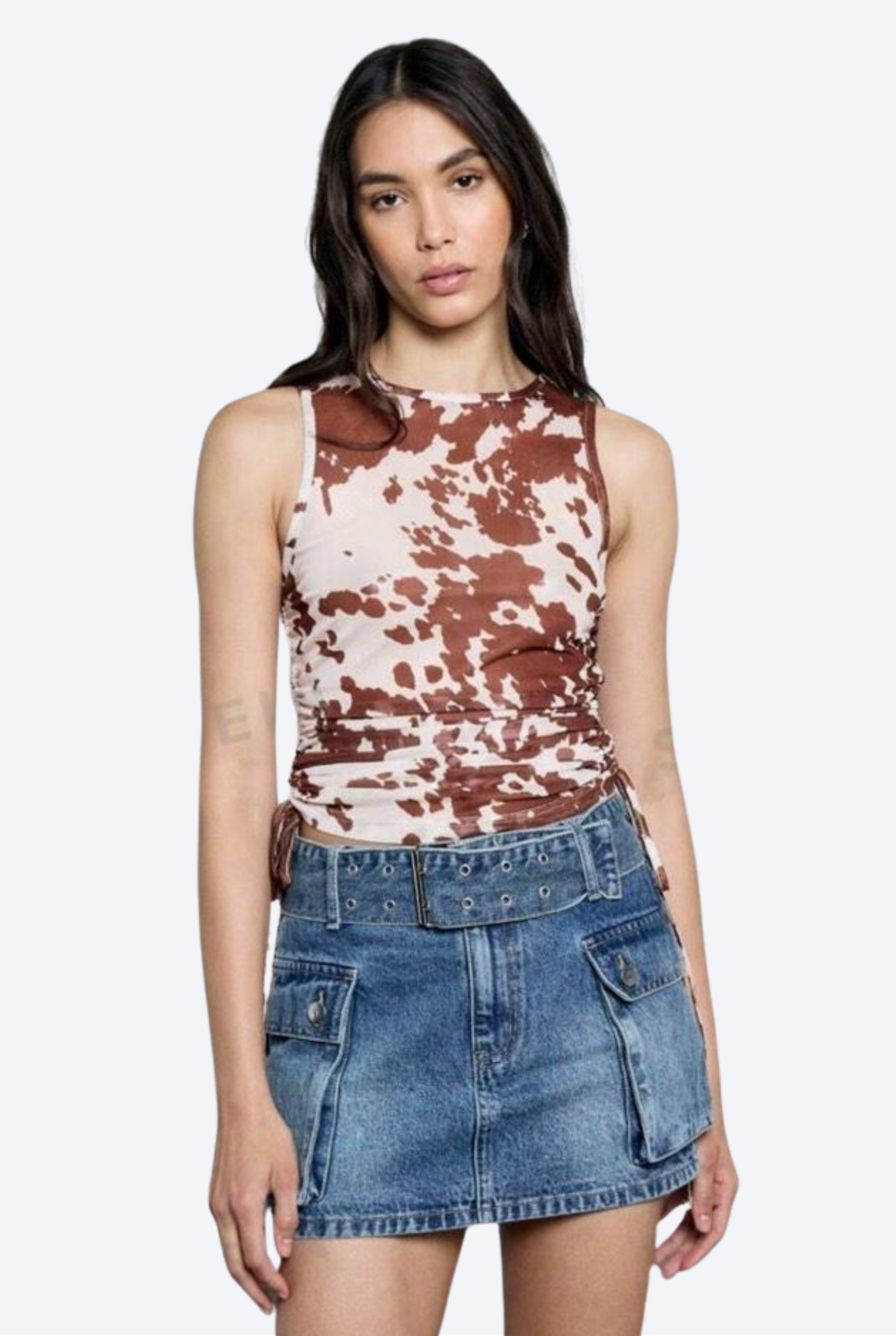 Ruched Side Sleeveless Round Neck Top