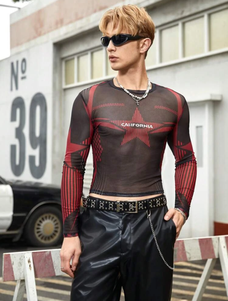 Crew Neck Long Sleeve Graphic Tee Fashion Men Clothes Y2K See Through Top