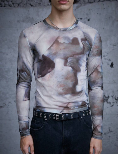 Crew Neck Long Sleeve Graphic Tee Fashion Men Clothes Y2K See Through Top