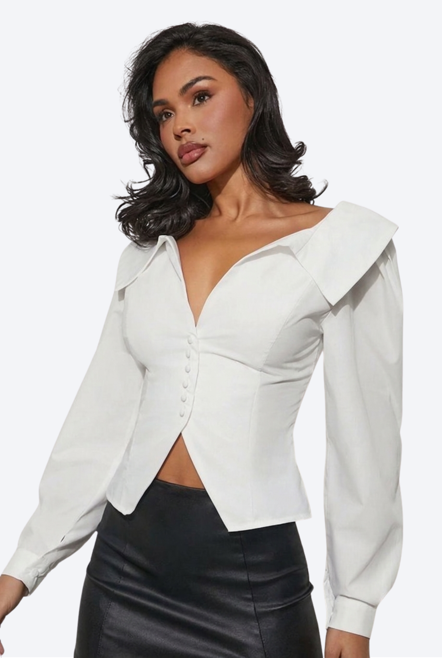 Button Front Waist Cinched Long Sleeve Top